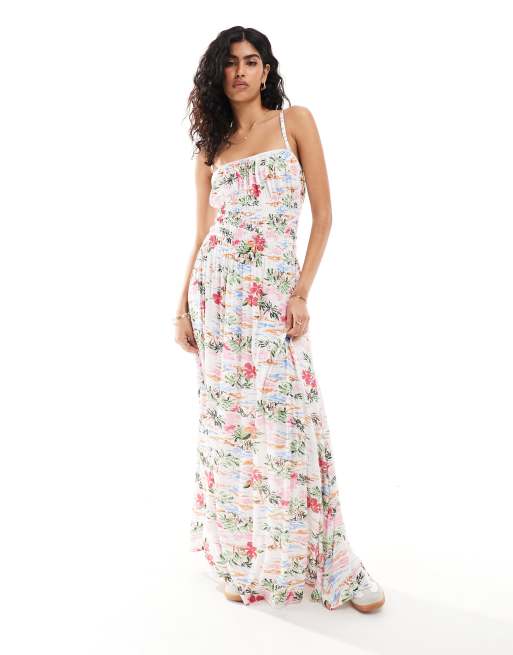 ASOS DESIGN – Sukienka maxi na ramiączkach z hawajskim wzorem, kwadratowym dekoltem i marszczeniem na górze