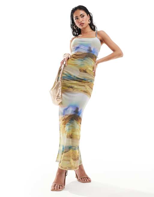 ASOS DESIGN– Sukienka maxi na ramiączkach z kwadratowym dekoltem w krajobrazowy wzór