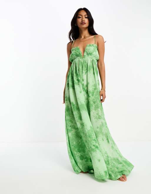ASOS DESIGN – Sukienka maxi na ramiączkach z marszczonym głębokim dekoltem w marmurkowy wzór