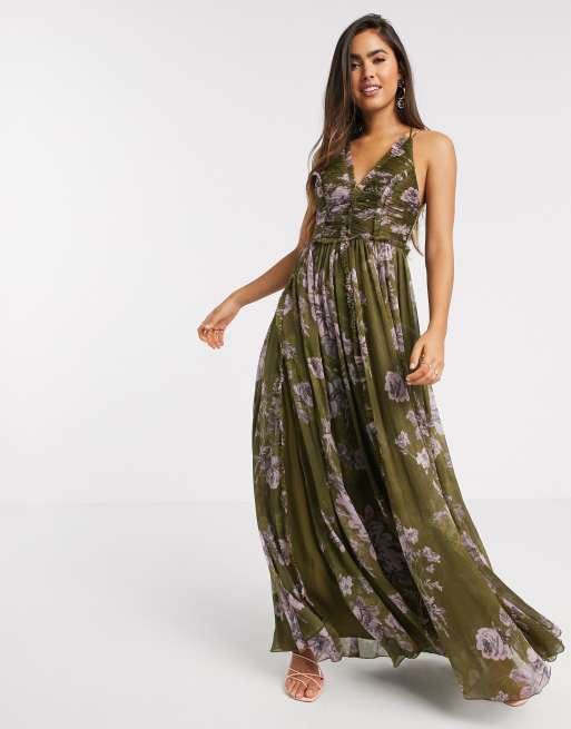 ASOS DESIGN – Sukienka maxi na ramiączkach z marszczonym topem i ozdobnymi surowymi wykończeniami w kolorze khaki z kwiatowym wzorem
