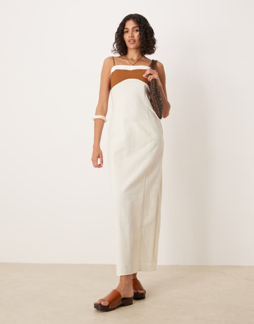 ASOS DESIGN – Sukienka maxi na ramiączkach z mieszanki bawełny i lnu z naturalnymi blokami kolorów