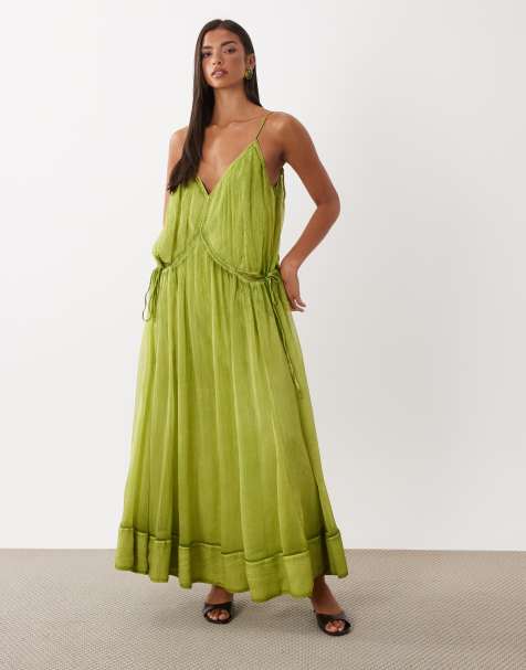 ASOS DESIGN sukienka maxi smock na ramiączkach z wiązaniem z boku w spranym oliwkowozielonym kolorze - view 1