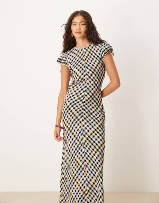 ASOS DESIGN – Sukienka maxi w czarną kratkę z krótkimi rękawkami, 2 z 4