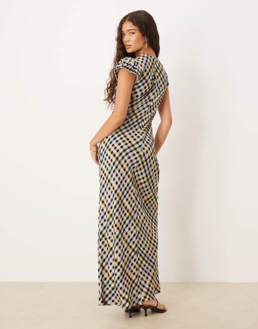 ASOS DESIGN – Sukienka maxi w czarną kratkę z krótkimi rękawkami, 4 z 4