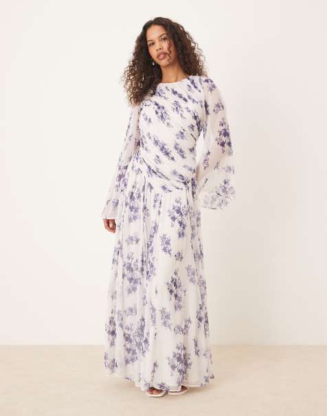 ASOS DESIGN – Sukienka maxi w fioletowy kwiatowy wzór z asymetryczną obniżoną talią i odkrytymi plecami - view 1