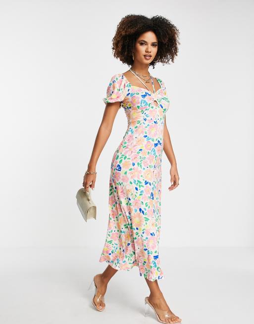 ASOS DESIGN – Sukienka maxi w jasny kwiatowy wzór z bufkami i dekoltem typu halter