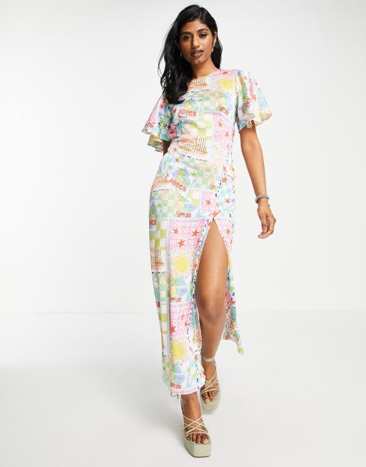 ASOS DESIGN – Sukienka maxi w kolorowy pocztówkowy wzór