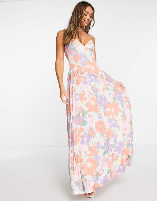 ASOS DESIGN – Sukienka maxi w kolorze morelowym w kwiatowy wzór z plisami po bokach – MULTI