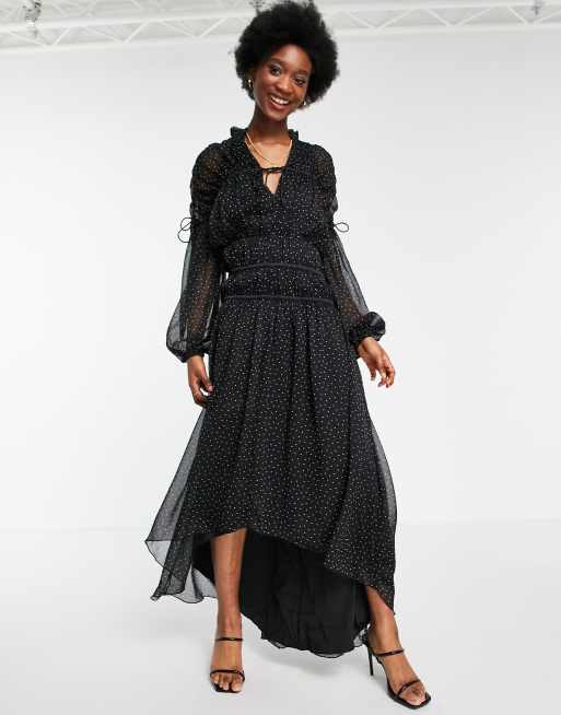 ASOS DESIGN – Sukienka maxi w kropki z wiązanym dekoltem, obszernymi rękawami z obcisłymi mankietami i warstwową talią