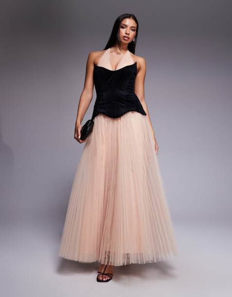 ASOS DESIGN hybrid maxi dress with velvet bonded bodice and contrast pleated tulle skirt in blush