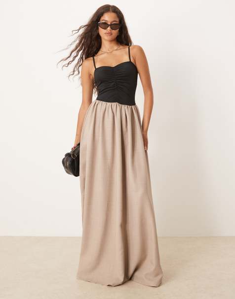 ASOS DESIGN – Sukienka maxi z czarną marszczoną górą i beżową spódnicą - view 1