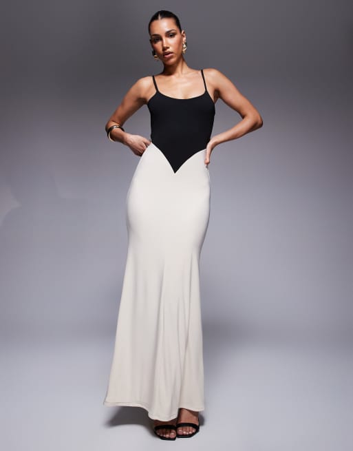 ASOS DESIGN – Sukienka maxi z czarnym body i siateczkową spódnicą w kolorze kości słoniowej