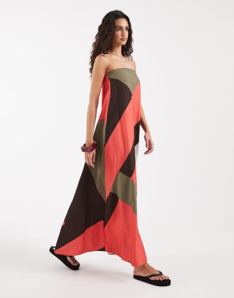 ASOS DESIGN – Sukienka maxi z dekoltem bandeau i blokami kolorów - view 1