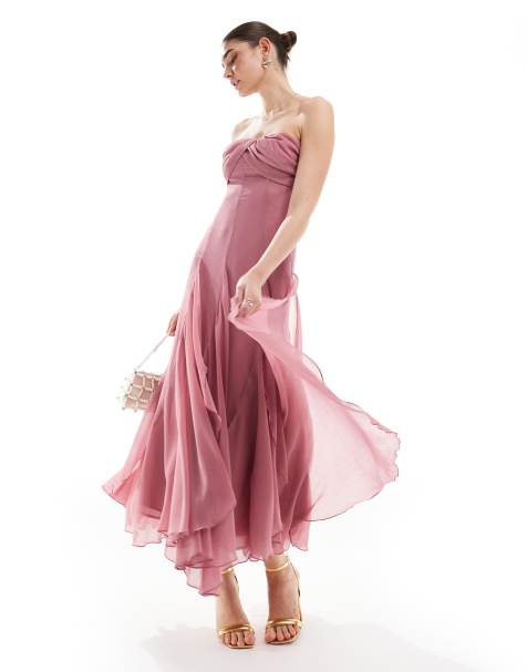 ASOS DESIGN – Sukienka maxi z dekoltem bandeau i dodatkową warstwą i rozcięciem na dole w kolorze zgaszonego różu - view 1
