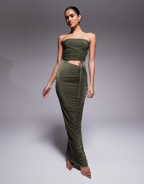 ASOS DESIGN bandeau ruched maxi dress in khaki