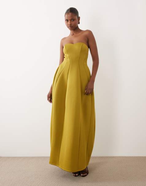 ASOS DESIGN – Sukienka maxi z dekoltem bandeau w kształcie serca i obszerną spódnicą z materiału w stylu scuba w kolorze awokado - view 1
