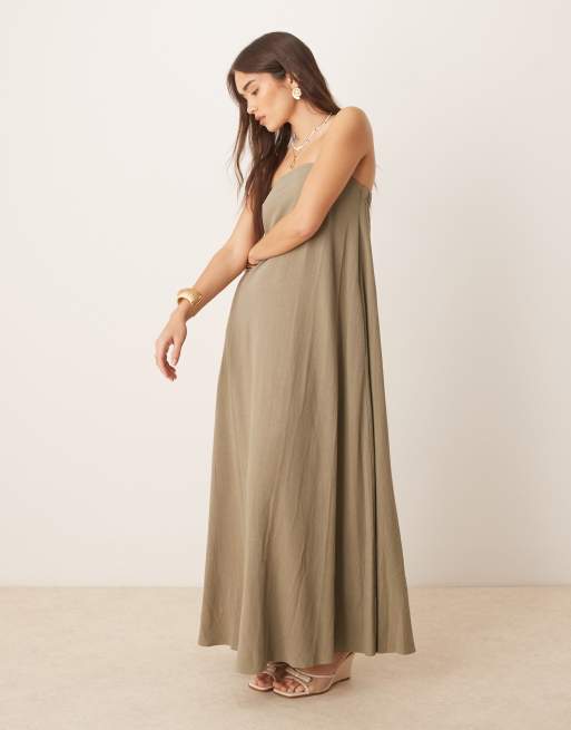 ASOS DESIGN – Sukienka maxi z dekoltem bandeau z materiału o wyglądzie lnu w kolorze khaki