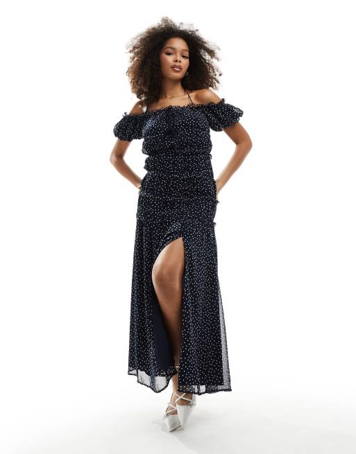 ASOS DESIGN – Sukienka maxi z dekoltem bardot i marszczeniem w talii, w groszki