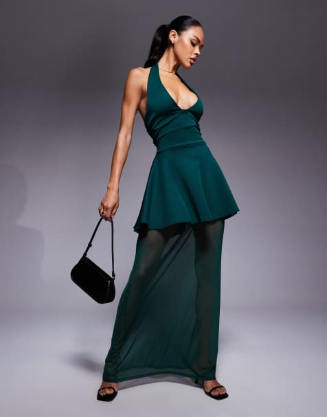 ASOS DESIGN – Sukienka maxi z dekoltem halter, baskinką i prześwitującą spódnicą, z materiału nurek w kolorze butelkowej zieleni - view 1