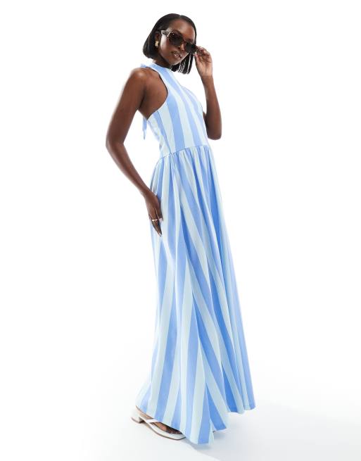 ASOS DESIGN – Sukienka maxi z dekoltem typu halter i głęboko wyciętym tyłem w niebieskie paski