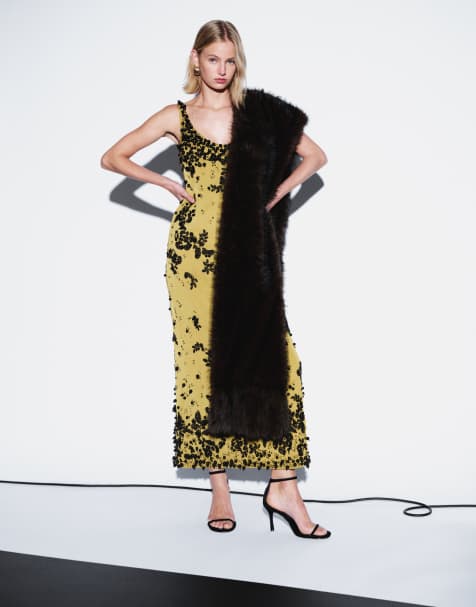 ASOS DESIGN sukienka maxi z dekoltem w kształcie litery U, cięta po skosie, czarna, zdobiona kwiatowym wzorem w kolorze ochry - view 1