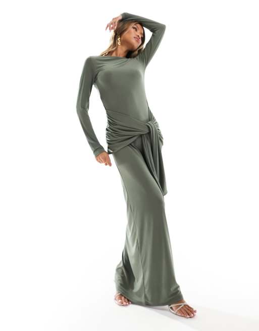ASOS DESIGN – Sukienka maxi z drapowaniem i wiązaniem z przodu w kolorze khaki