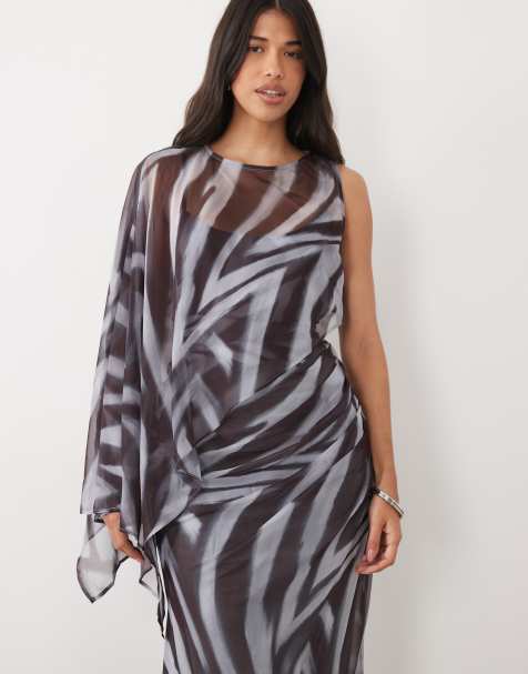 ASOS DESIGN sukienka maxi z drapowaniem, rękawem typu batwing, asymetryczna, na jedno ramię, we wzór zebry i abstrakcyjne paski - view 1