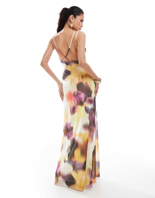 ASOS DESIGN – Sukienka maxi z drapowanym dekoltem i skrzyżowanymi paseczkami na plecach w żółty kwiatowy wzór