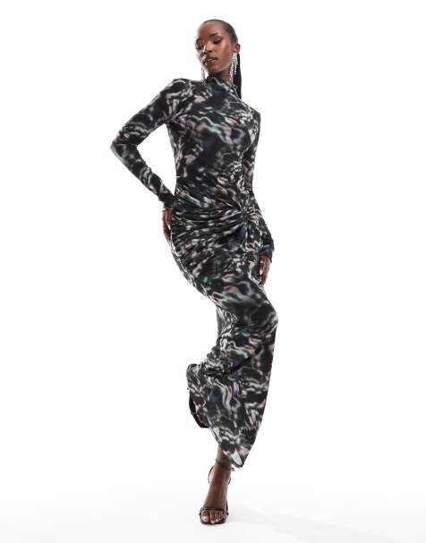 ASOS DESIGN long sleeve mesh maxi dress with ruching in dark abstract print
