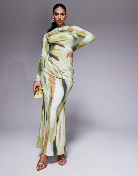 ASOS DESIGN long sleeve knot detail maxi dress in tonal abstract print