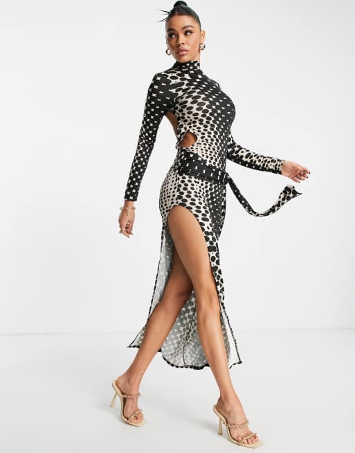 ASOS DESIGN – Sukienka maxi z długimi rękawami, wysokim rozcięciem i odkrytymi plecami w monochromatyczny nadruk w grochy