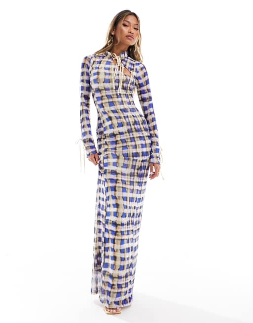 ASOS DESIGN – Sukienka maxi z długimi rękawami z siateczki we wzór w kratkę z kokardkami