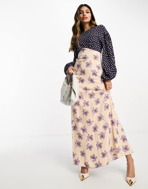 ASOS DESIGN – Sukienka maxi z długimi rękawami z wiskozy w mieszany wzór w groszki i kwiaty
