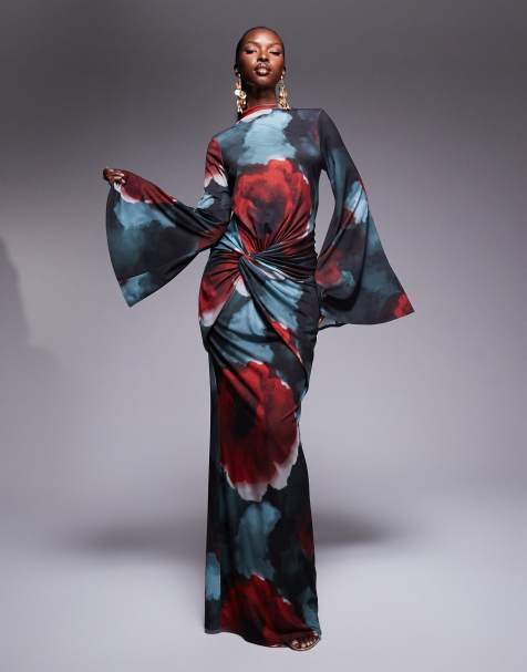 ASOS DESIGN high neck long sleeve maxi dress with wide sleeves in red & blue abstract