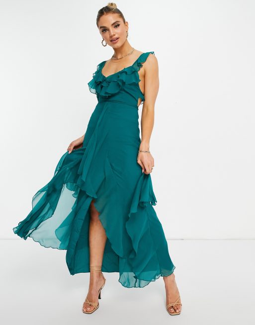 ASOS DESIGN – Sukienka maxi z falbankami i obniżonym dołem