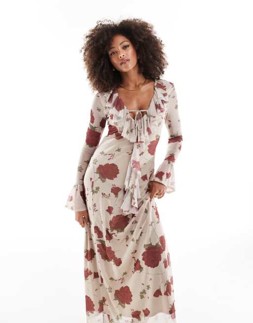 ASOS DESIGN – Sukienka maxi z falbankami i wiązaniem z przodu, we wzór w róże