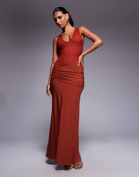 ASOS DESIGN deep v-neck maxi dress with sheer lace bodice and ruched skirt in rust