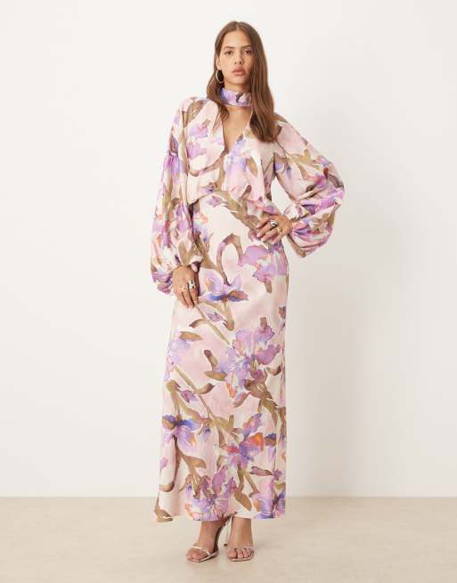 ASOS DESIGN – Sukienka maxi z głębokim dekoltem z golfem i obszernymi rękawami z obcisłym mankietem w akwarelowy kwiatowy wzór