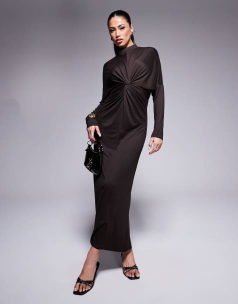ASOS DESIGN high neck long sleeve twist front maxi dress in chocolate