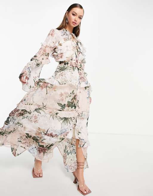 ASOS DESIGN – Sukienka maxi z guzikami z przodu w mieszany kwiatowy wzór na żakardowej podszewce