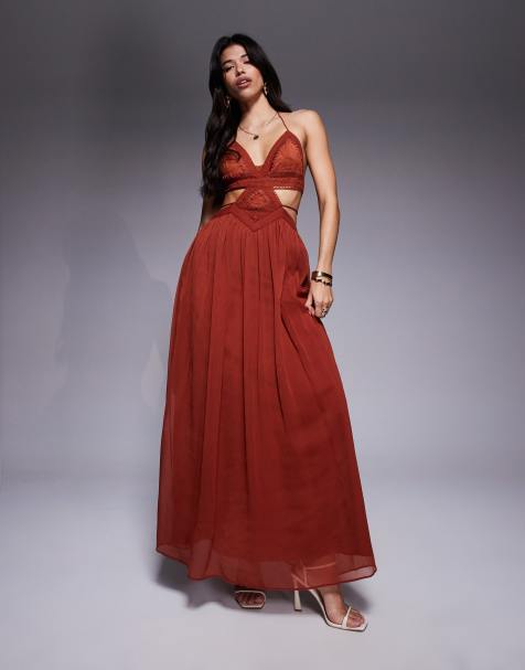 ASOS DESIGN crochet and faux suede bust tiered maxi dress with cut out in rust