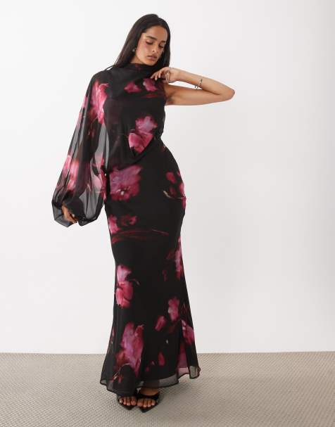 ASOS DESIGN sukienka maxi z jednym rękawem, narzutką blouson i krojem ze skosu w różowy kwiatowy wzór - view 1