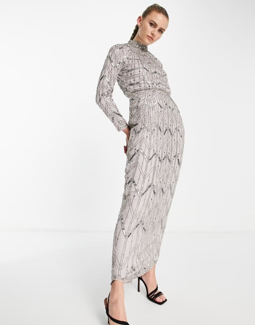 ASOS DESIGN – Sukienka maxi z liniowym zdobieniem i ozdobnym klejnotem
