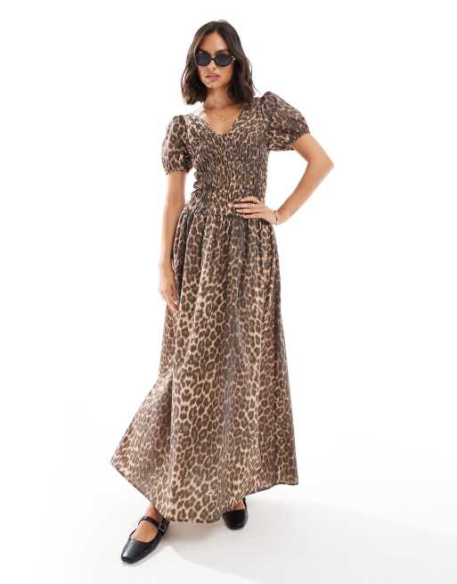 ASOS DESIGN – Sukienka maxi z marszczoną górą i bufkami w panterkę