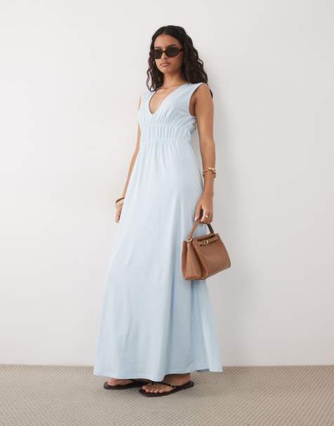 ASOS DESIGN – Sukienka maxi z marszczoną górą i głębokim dekoltem w zgaszonym kolorze niebieskim - view 1