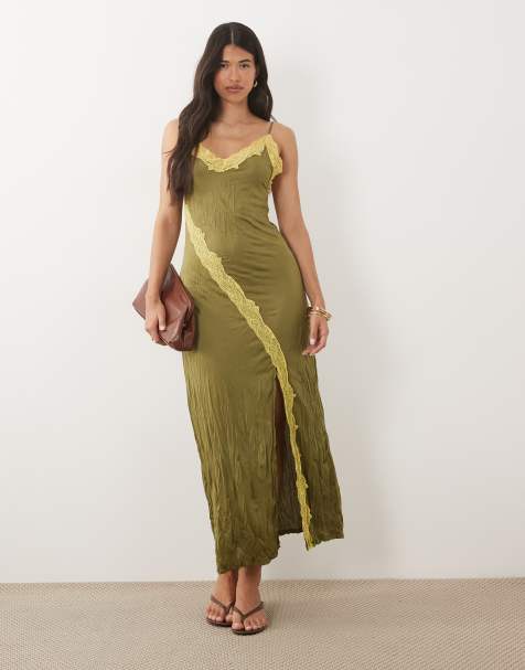 ASOS DESIGN sukienka maxi z marszczonej tkaniny z koronkowym wykończeniem w kolorze oliwkowym i musztardowym - view 1