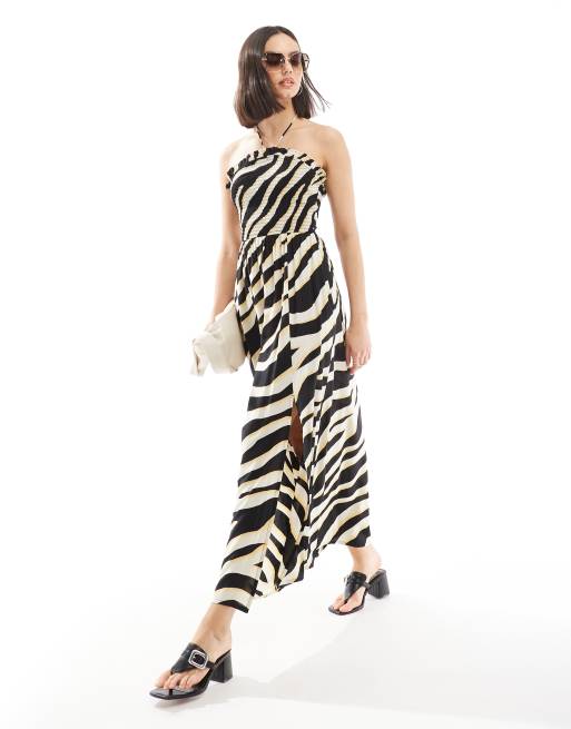 ASOS DESIGN – Sukienka maxi z marszczonym dekoltem halter w paski zebry, 2 z 4
