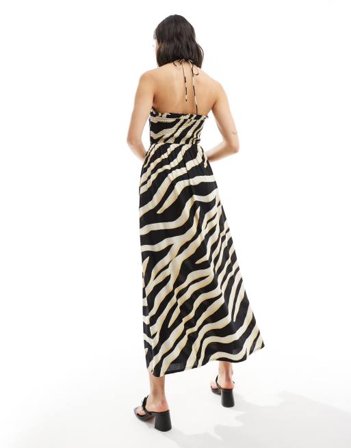 ASOS DESIGN – Sukienka maxi z marszczonym dekoltem halter w paski zebry, 4 z 4