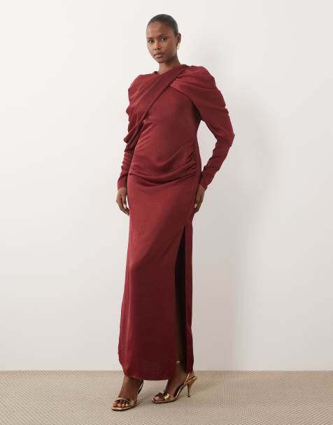 ASOS DESIGN sukienka maxi z marszczonym dekoltem krzyżowym i drapowanymi rękawami w kolorze berry - view 1