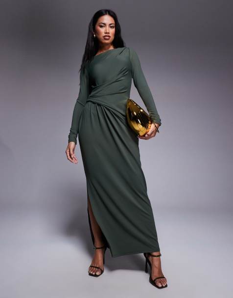 ASOS DESIGN soft touch long sleeve drape maxi dress in khaki